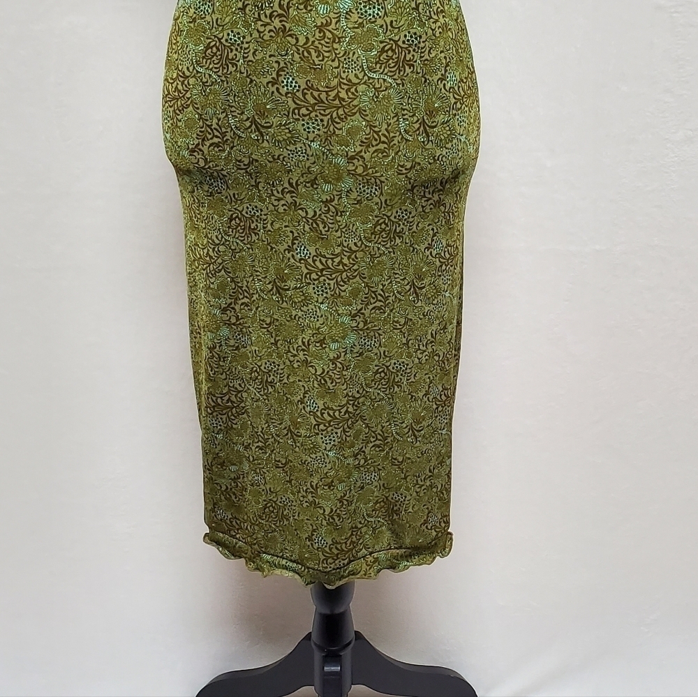 VINTAGE A. Aubrey Green Paisley Stretchy Pin-up Tie Bust Midi Bodycon Dress S - Picture 7 of 16